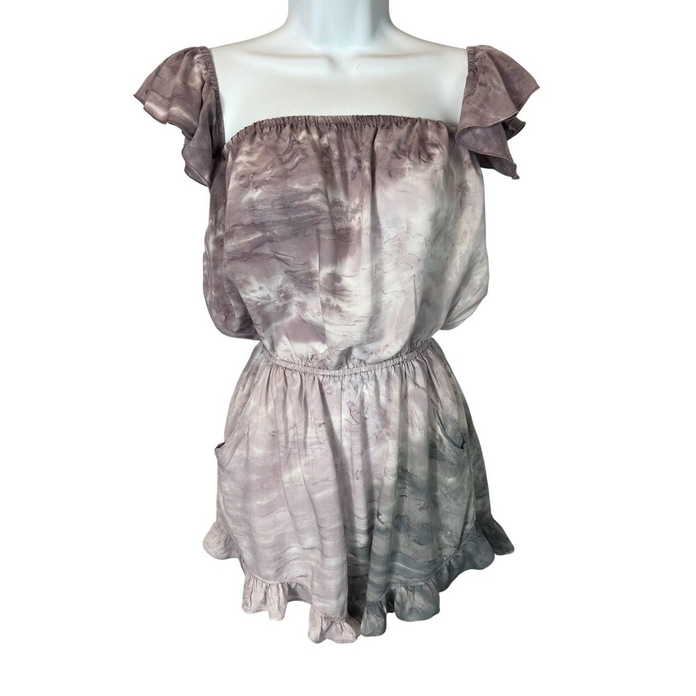 Shore Purple Tie Dye Rayon Off-Shoulder Riley Ruffle Romper Size XS Coastal